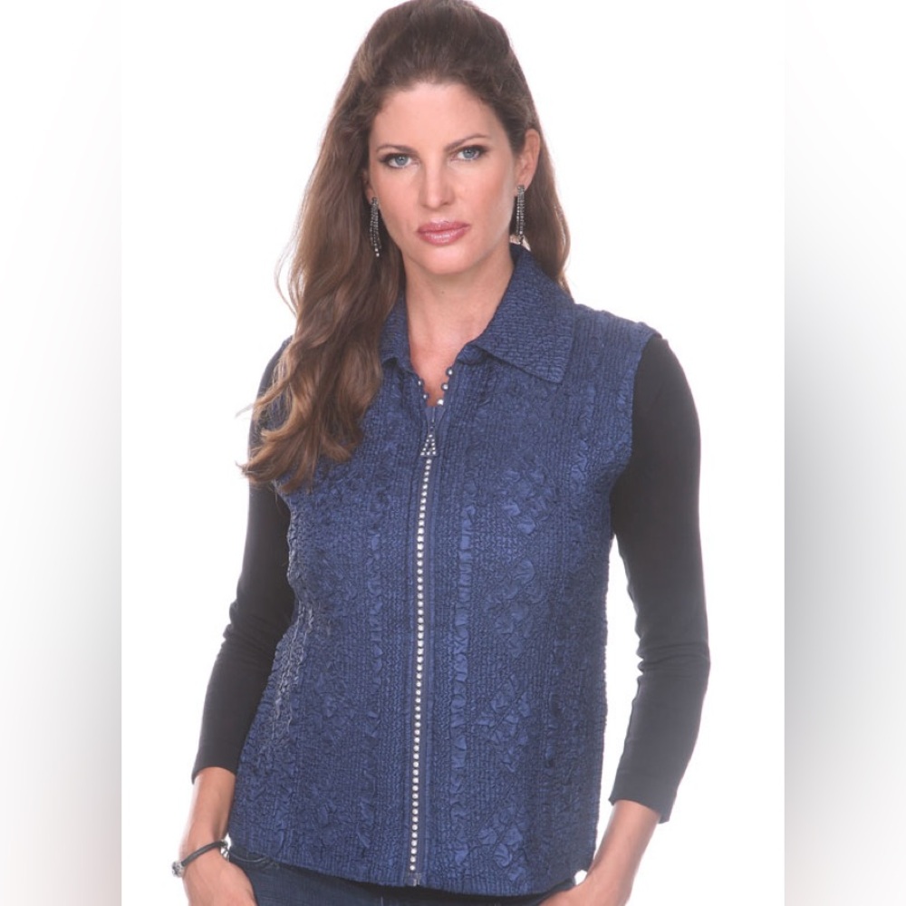 Fits S to L rhinestone crystal zipper VEST navy blue